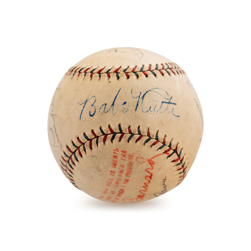 Babe Ruth, Lou Gehrig, Hank Aaron, Jimmie Foxx, Al Simmons, Connie Mack, Lefty Grove, and George Earnshaw Signed Baseball.