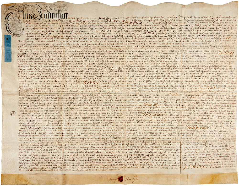 Isaac Newton Manuscript Land Indenture Signed.