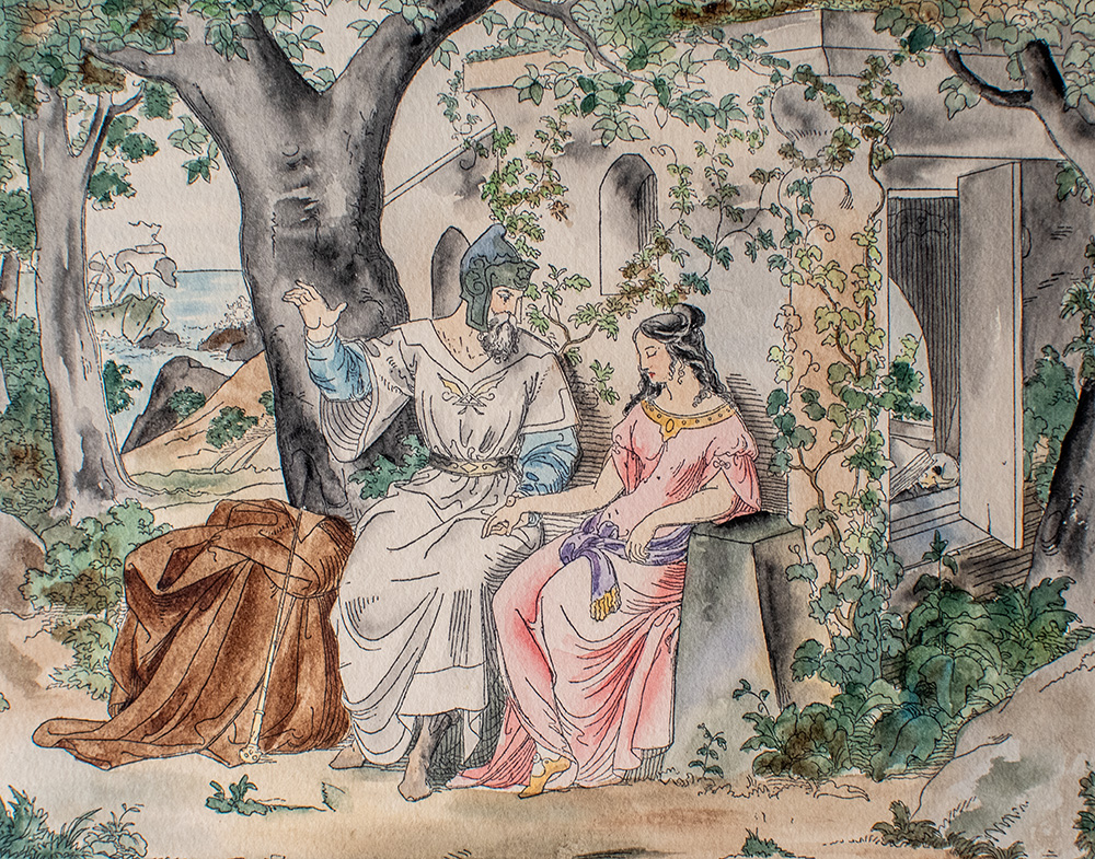 Medieval man and woman talking under a tree by a stone building.