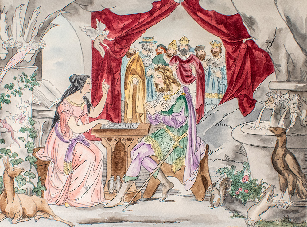 Medieval couple playing chess watched by royals