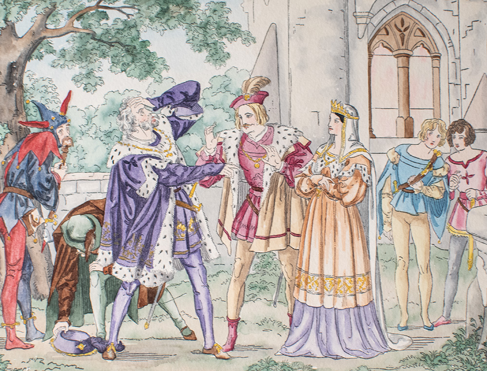 Medieval king and queen with courtiers outside a castle