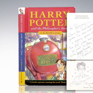 First Edition, First Printing of J.K. Rowling's Rare First Book Harry Potter and the Philosopher's Stone; Inscribed by Her to Bryony Evens and with a large original illustration by Thomas Taylor