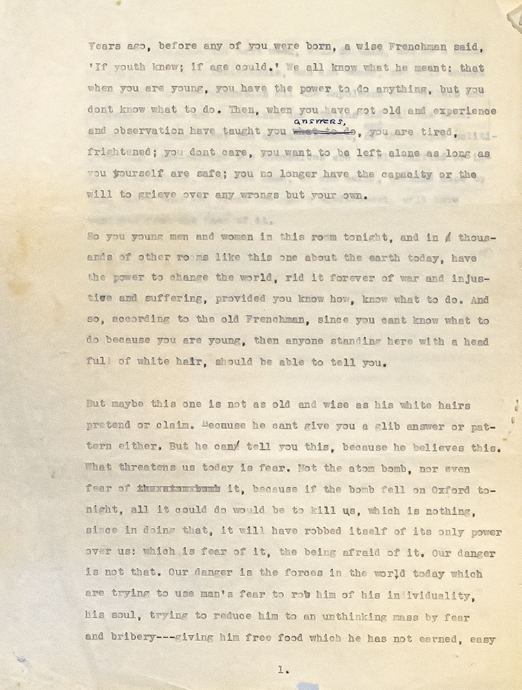 Address to the Graduating Class of 1951 of University High School, Oxford, Mississippi.