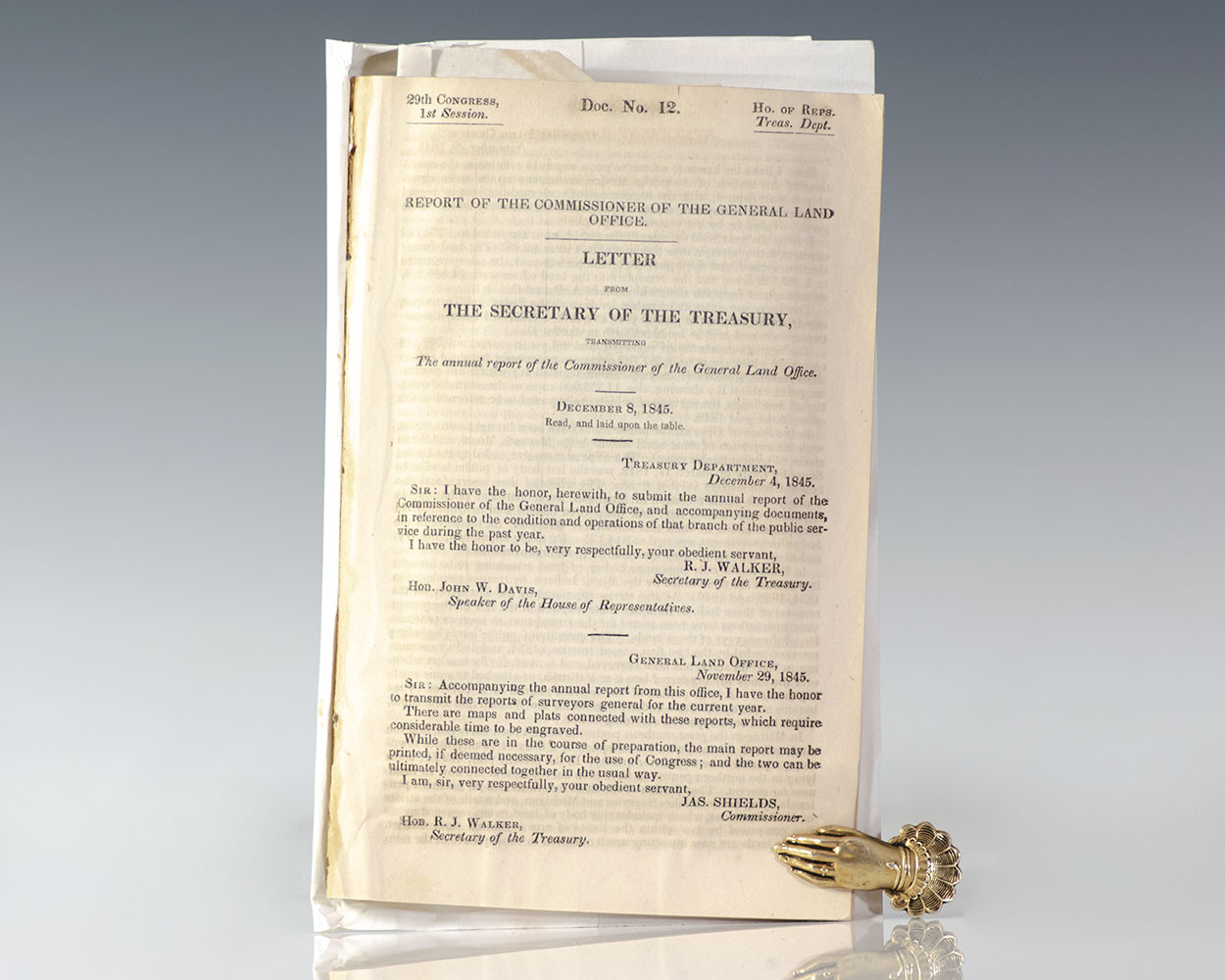 Report of the Commissioner of the General Land Office. Letter From the Secretary of the Treasury, Transmitting The Annual Report of the Commissioner of the General Land Office. December 8, 1845. Document No. 12, 29th Congress, 1st Session.