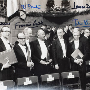 1962 Nobel Prize-Winning Scientists Signed Photograph. [James D. Watson, Francis Crick and Maurice Wilkins Signed Photograph].