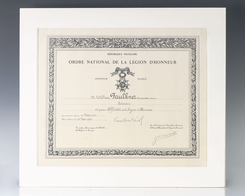 Officer of the Ordre National de la Légion d’Honneur Diploma Awarded to William Faulkner.