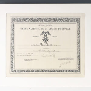 Officer of the Ordre National de la Légion d'Honneur Diploma Awarded to William Faulkner.