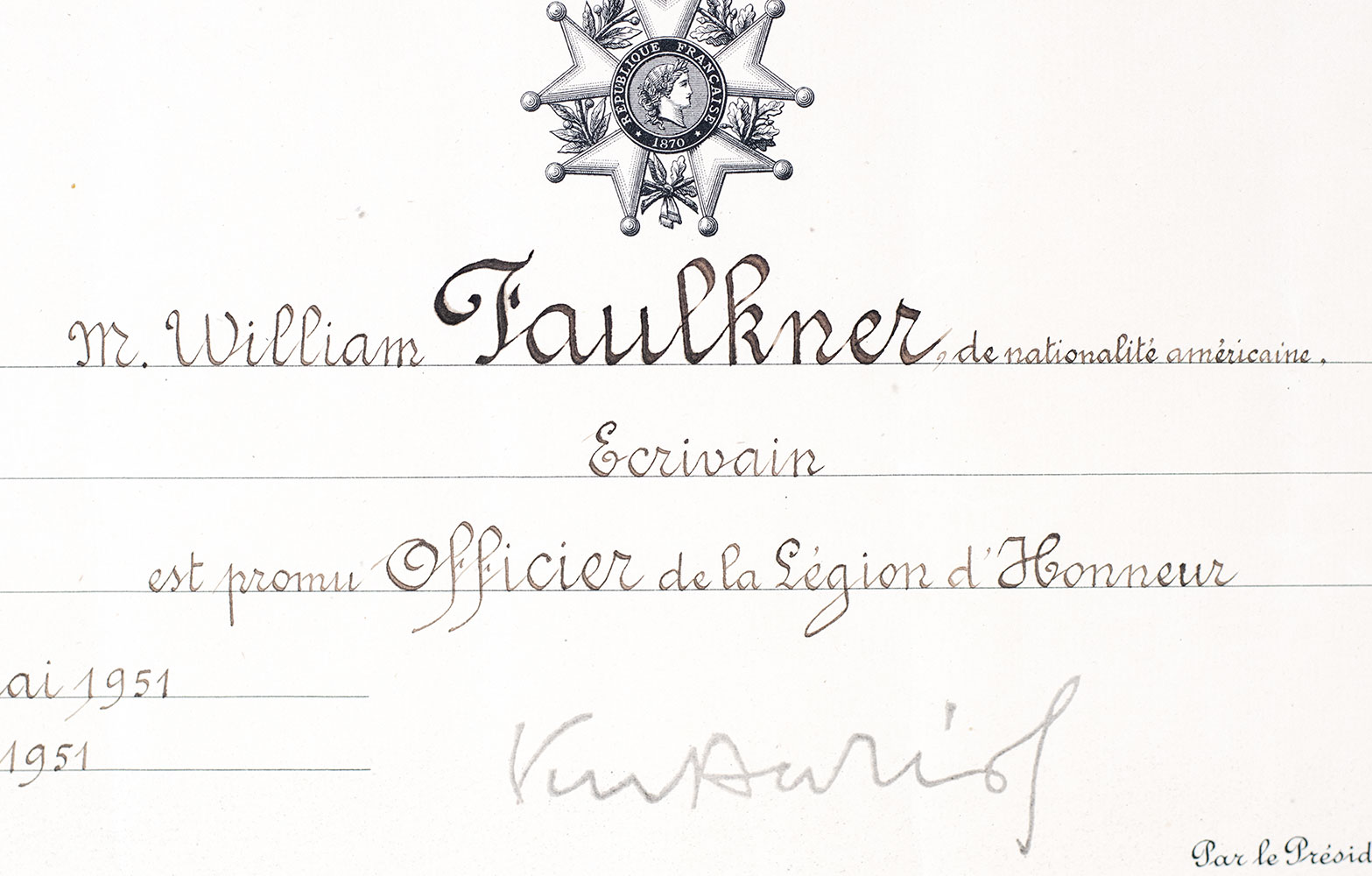 Officer of the Ordre National de la Légion d'Honneur Diploma Awarded to William Faulkner.