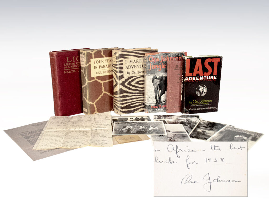 Osa Johnson Signed First Edition and Letter Collection. [Lion: African Adventures with the King of Beasts, Osa Johnson’s Jungle Friends, I Married Adventure: The Lives and Adventures of Martin and Osa Johnson, Four Years in Paradise, Bride in the Solomons, Last Adventure: The Martin Johnsons in Borneo.