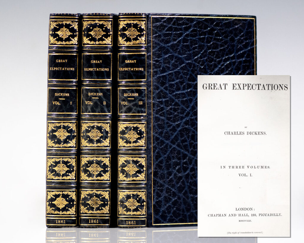 Rare first edition, first impression of Charles Dickens' Great Expectations; bound in full royal blue crushed levant morocco by Bayntun Bindery