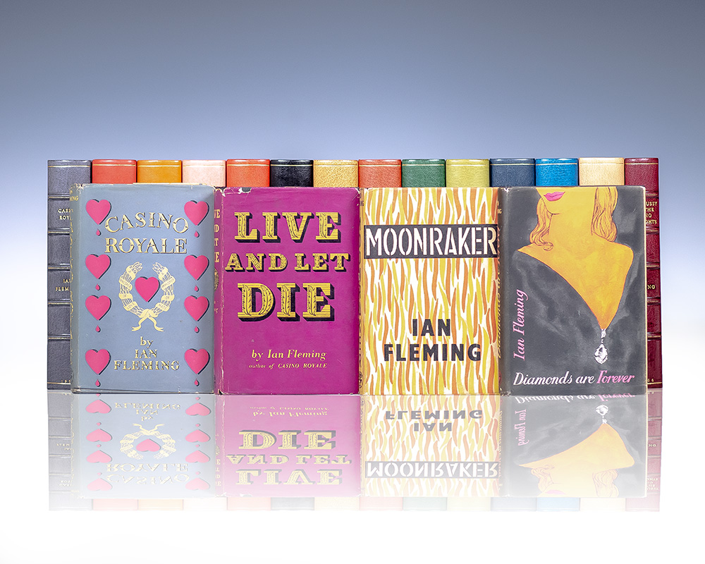 COMPLETE SET OF IAN FLEMING'S JAMES BOND NOVELS; each volume in the RARE ORIGINAL DUST JACKET and housed in a custom half morocco clamshell box by the Harcourt Bindery; including an association copy of Live and Let Die; Signed by Albert R. Broccoli who produced the film adaptation