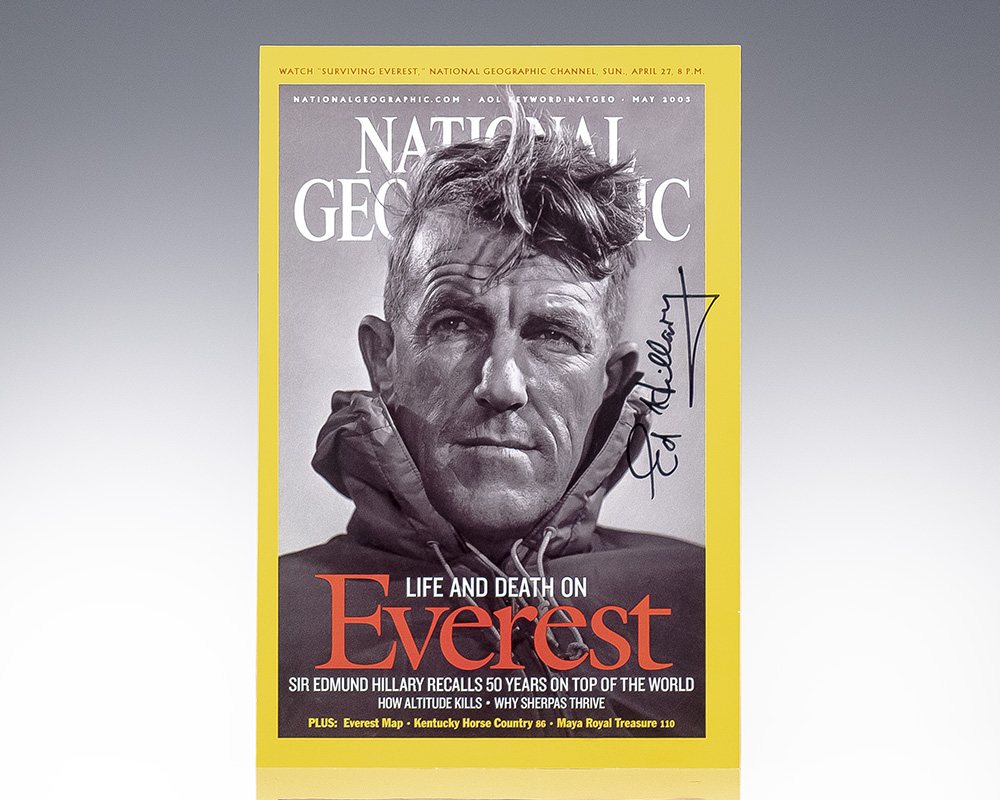Edmund Hillary Signed 2003 National Geographic Magazine Cover.