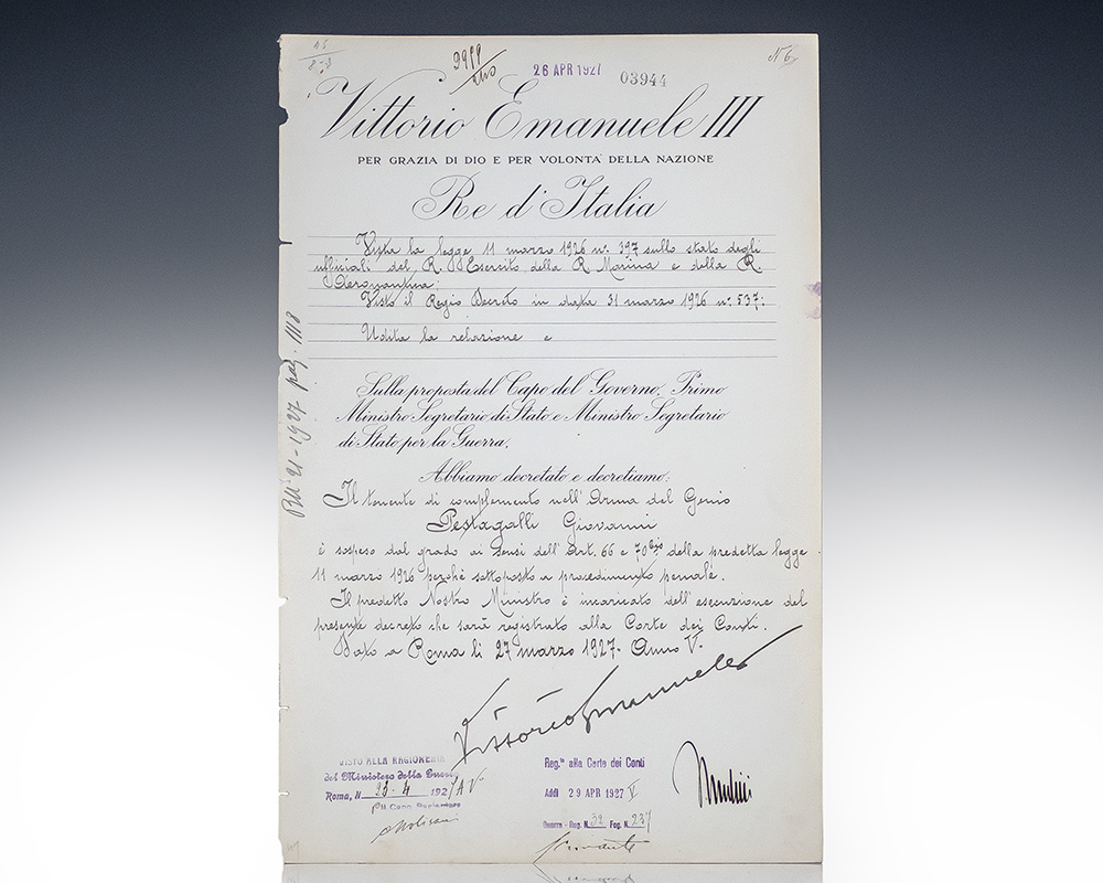 Benito Mussolini and Vittorio Emanuele III Autograph Document Signed.