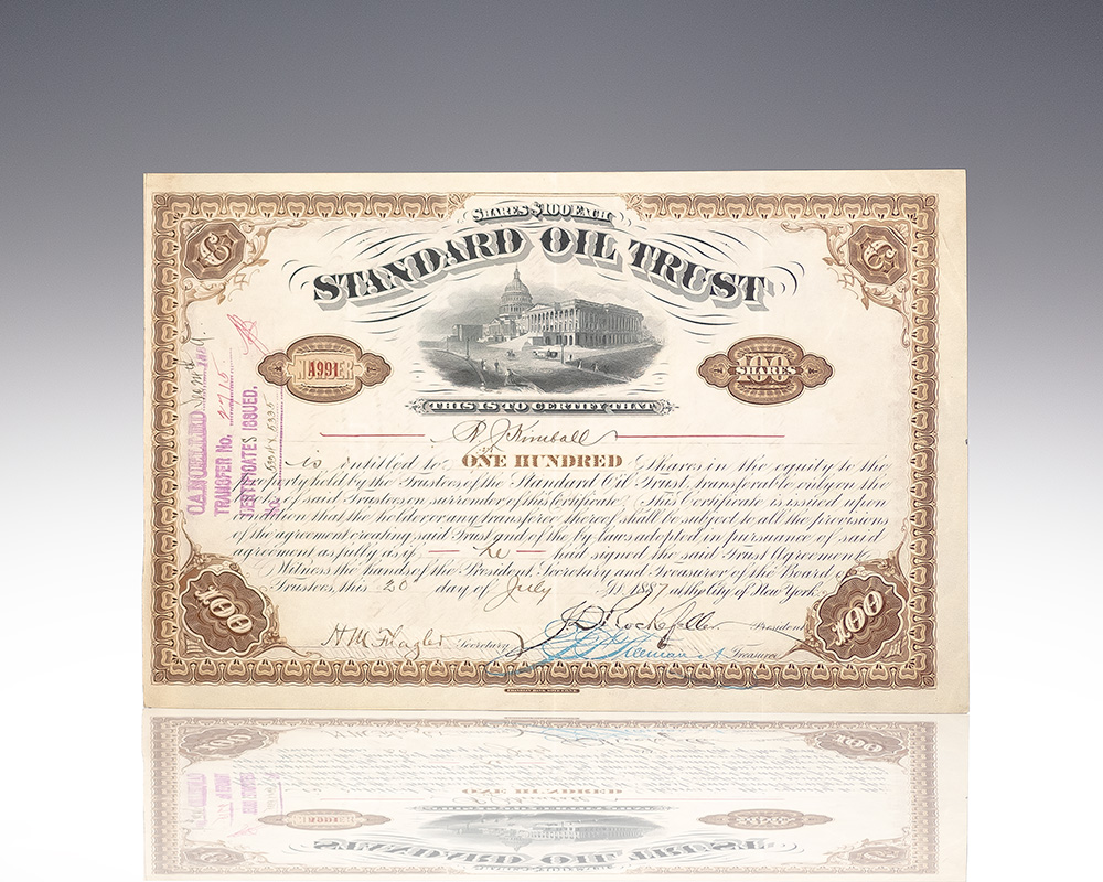 John D. Rockefeller and Henry Morrison Flagler Signed Standard Oil Trust Stock Certificate.