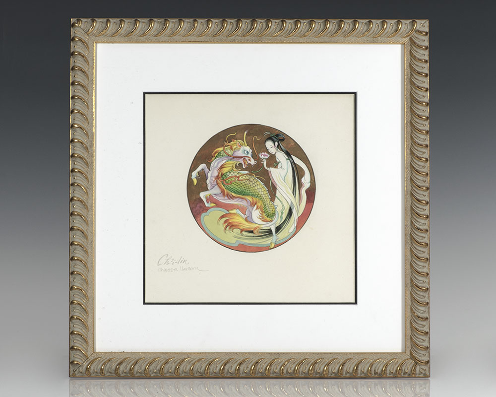Original Hilary Knight Ch’i-Lin and her Chinese Unicorn Watercolor Painting.