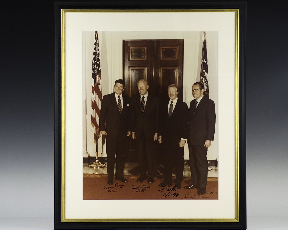 Photograph of Presidents Ronald Reagan, Gerald Ford, Jimmy Carter and Richard Nixon.