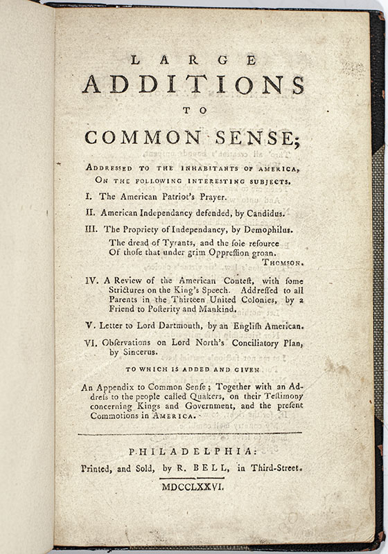 Large Additions to Common Sense; Addressed to the Inhabitants of America