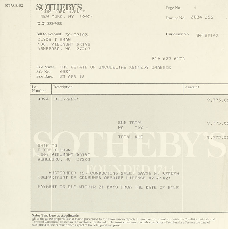 The Estate of Jacqueline Kennedy Onassis Sotheby's Auction Materials Collection.