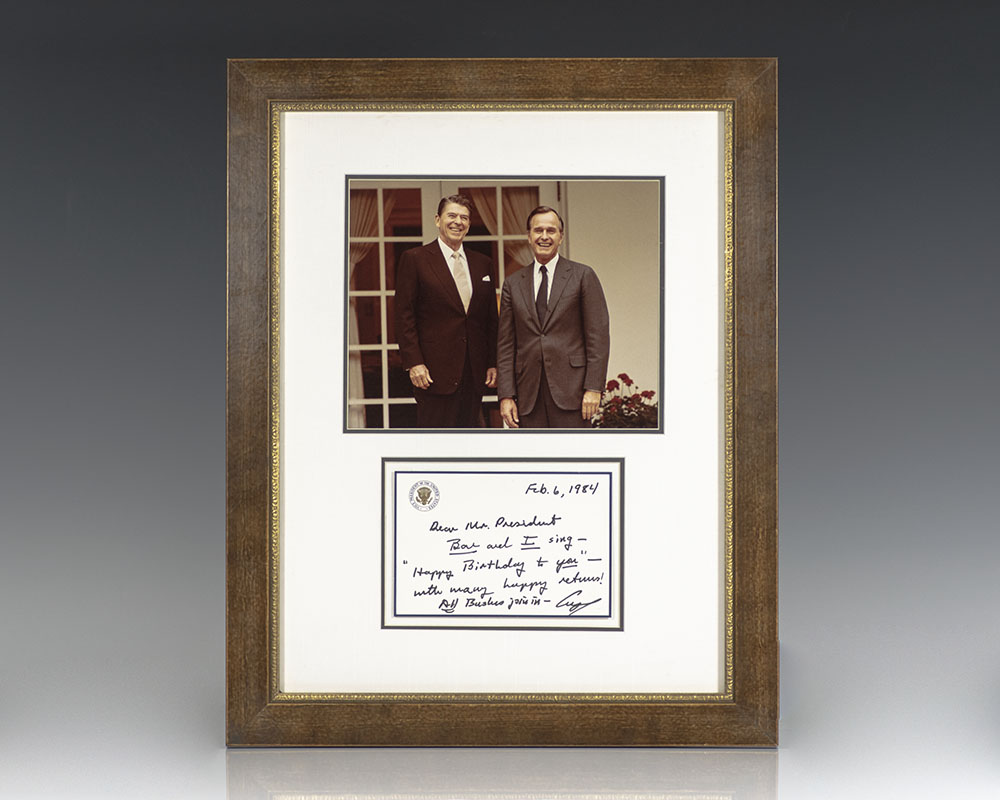George H. W. Bush Autograph Birthday Note Signed to Ronald Reagan.