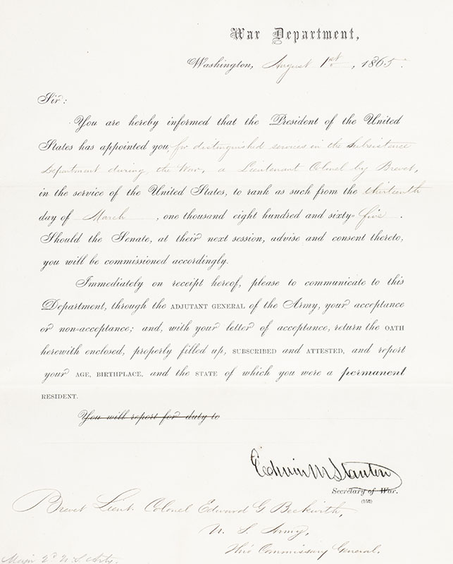 Abraham Lincoln Military Commission Signed.