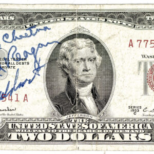 Ronald Reagan and Barry Goldwater Signed Two Dollar Bill.