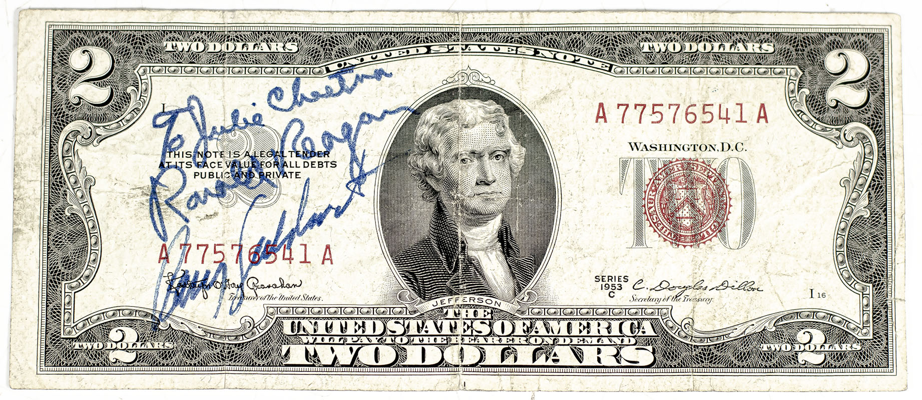 Ronald Reagan and Barry Goldwater Signed Two Dollar Bill.