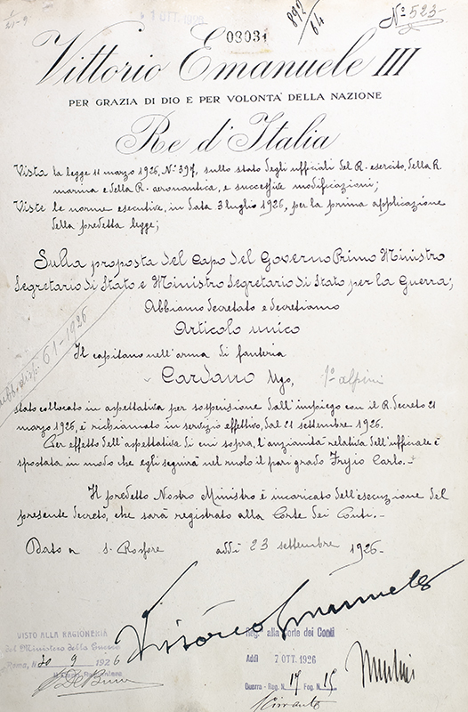 Benito Mussolini and Vittorio Emanuele III Autograph Document Signed.