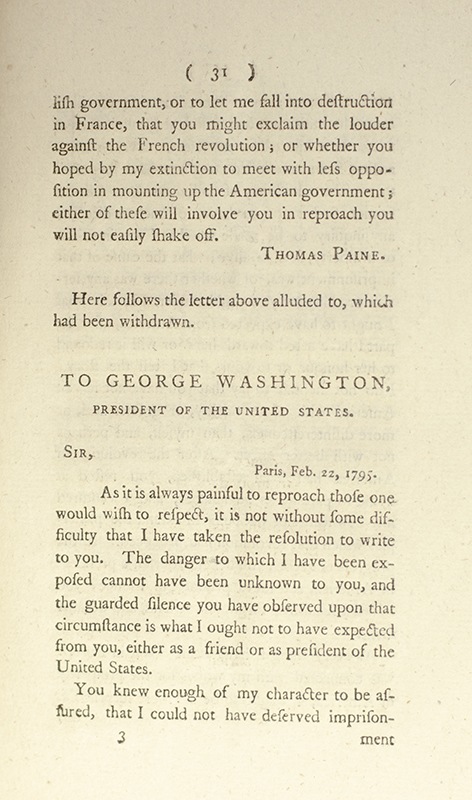 Letter From Thomas Paine to George Washington, President of the United States of America.
