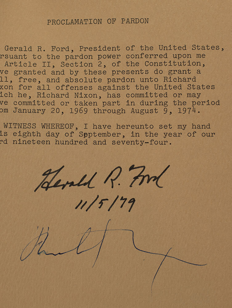 Richard Nixon and Gerald R. Ford Signed Presidential Proclamation of Pardon.
