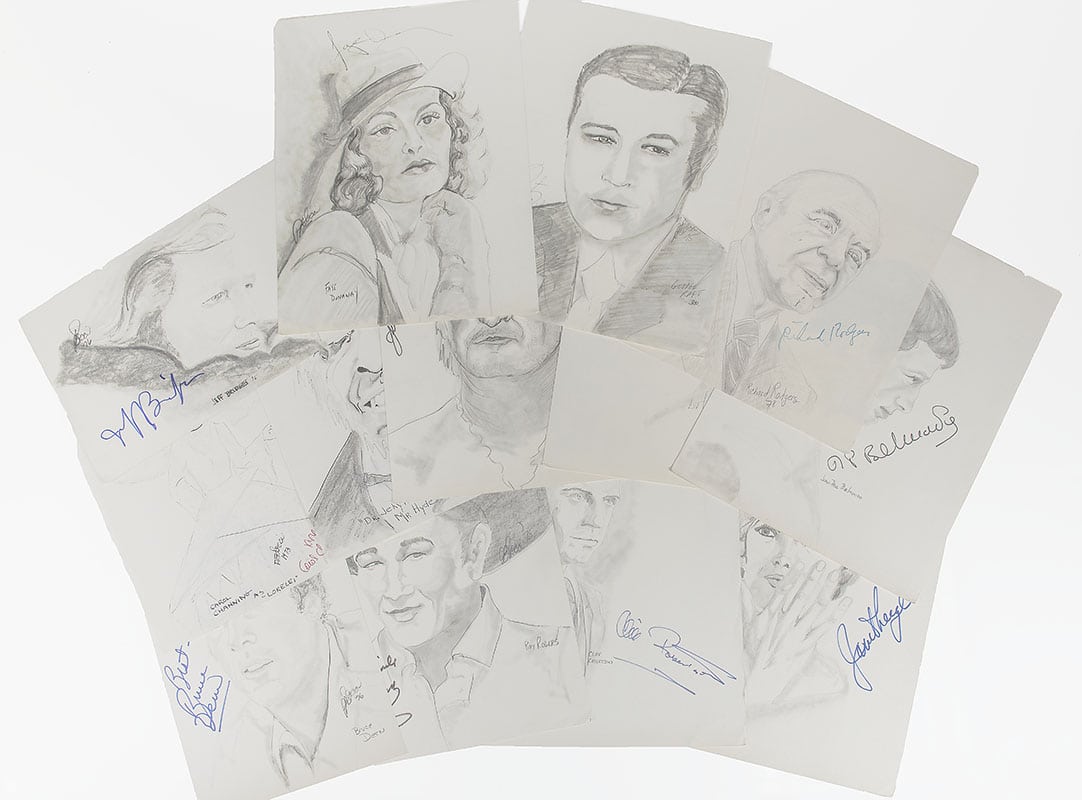 Collection of Hollywood Actors Signed P.B. Socci Sketches.