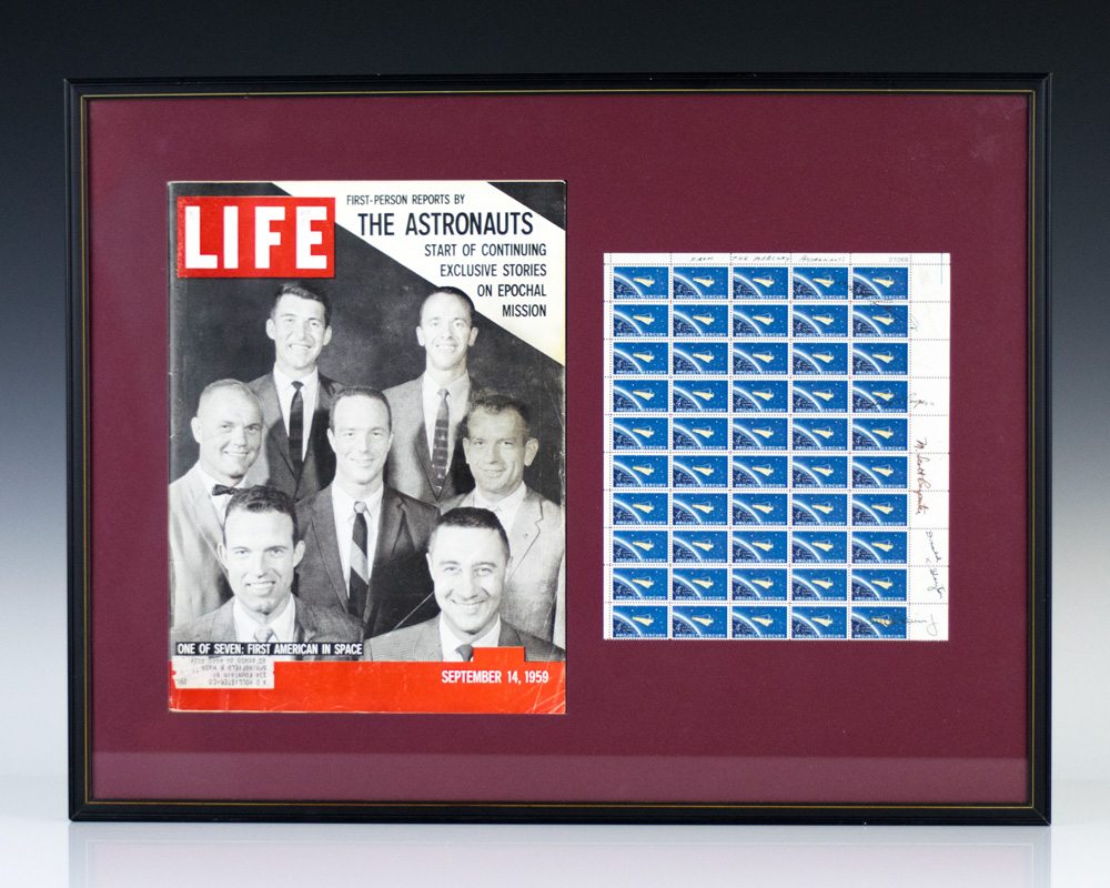 Mercury Seven Signed Sheet of Project Mercury Stamps.