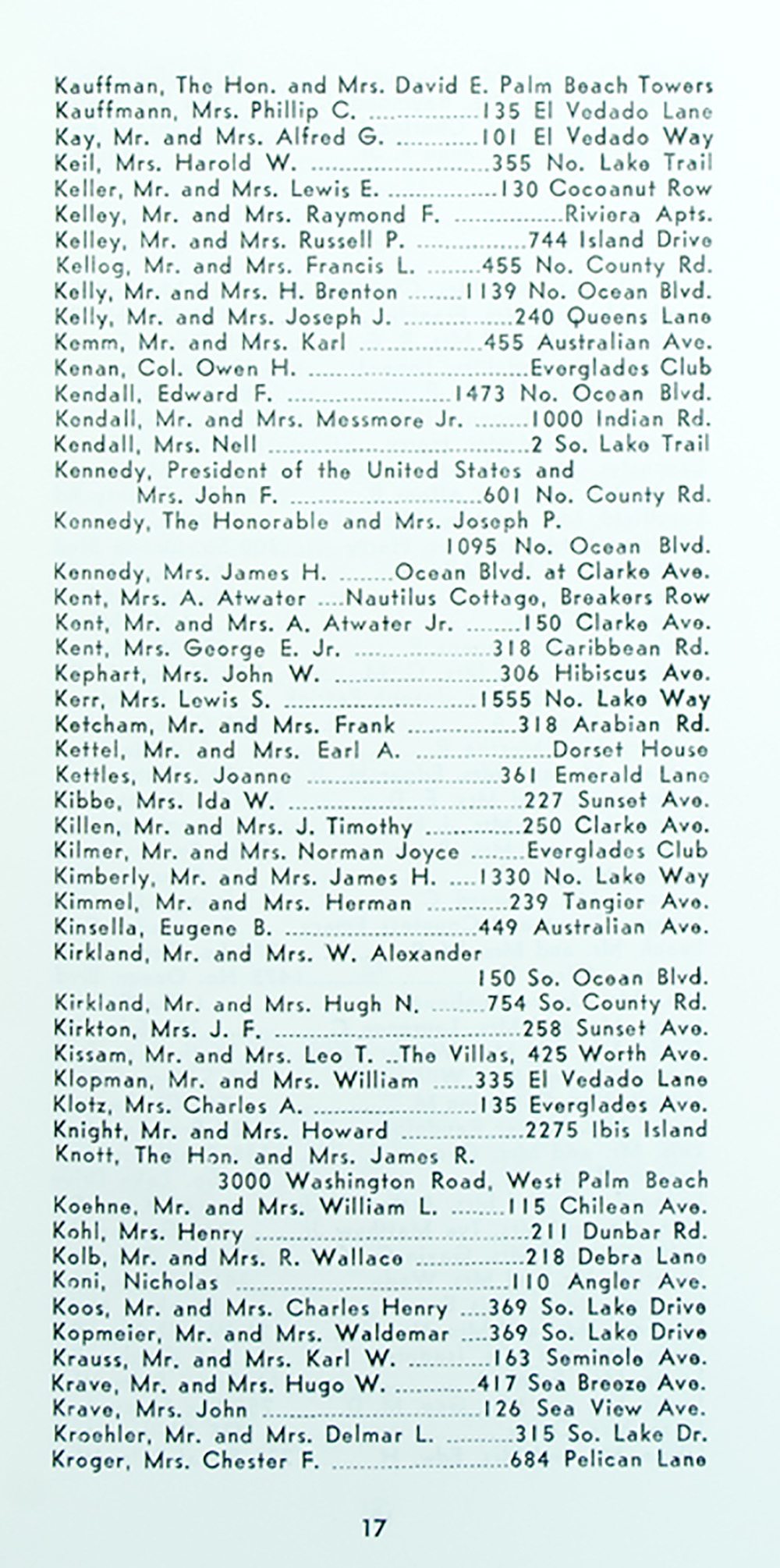 Palm Beach Colony Residents' Listing, Including the John F. and Jacqueline Kennedy, 1962-63.