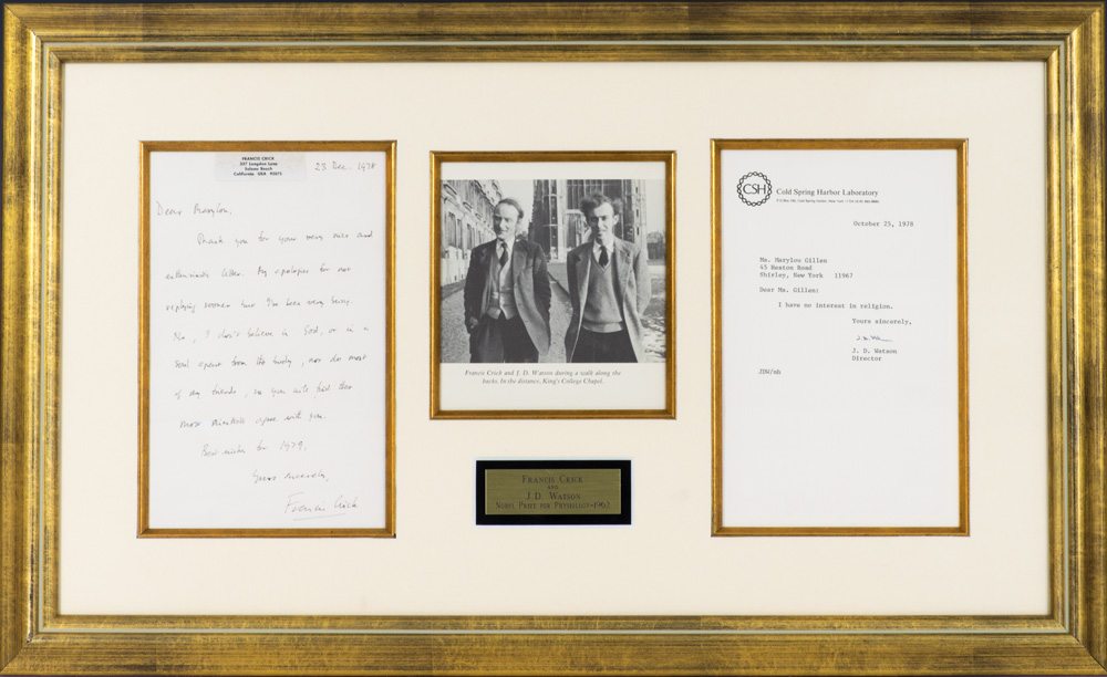 Francis Crick and James D. Watson Autographed Signed Letters Regarding God.
