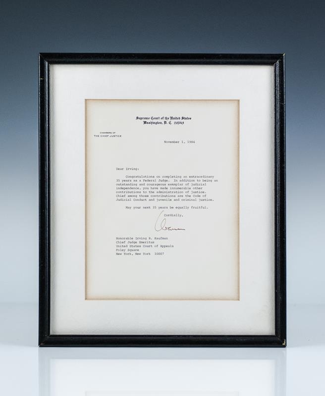 Warren E. Burger Signed Letter to Judge Irving Kaufman.