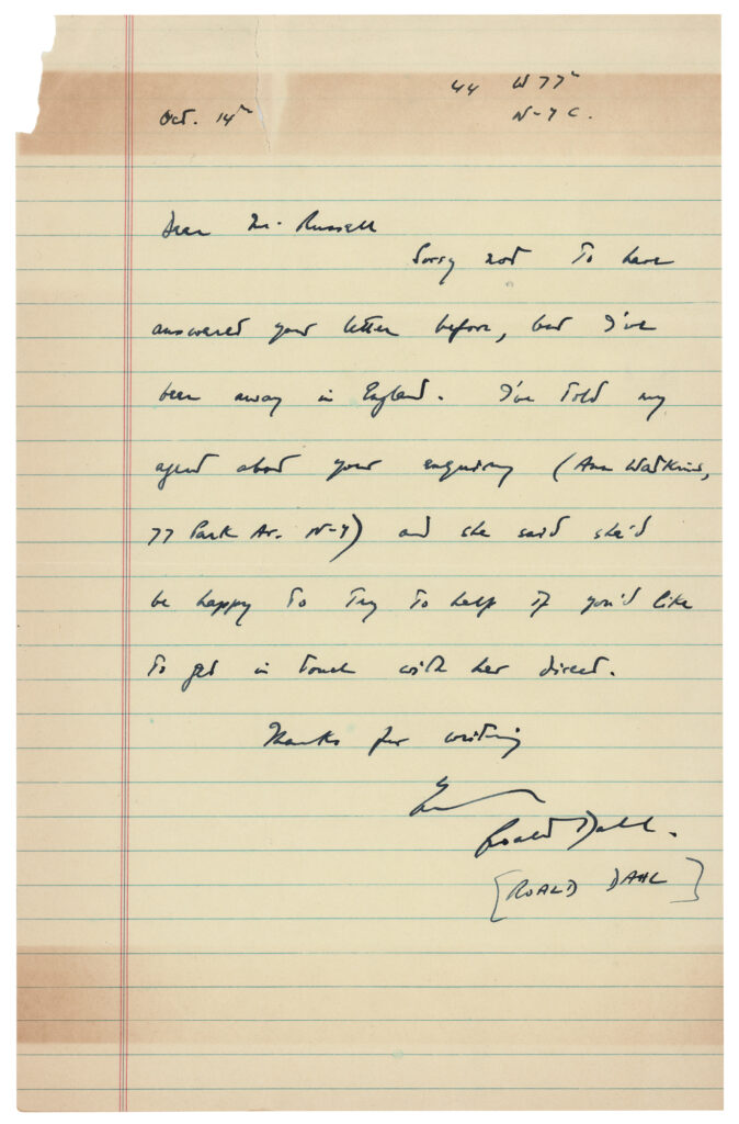 Roald Dahl Autograph Letter Signed.