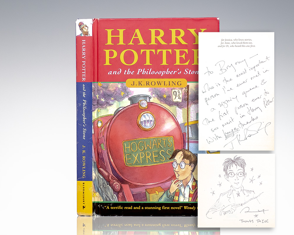 First Edition, First Printing of J.K. Rowling's Rare First Book Harry Potter and the Philosopher's Stone; Inscribed by Her to Bryony Evens and with a large original illustration by Thomas Taylor