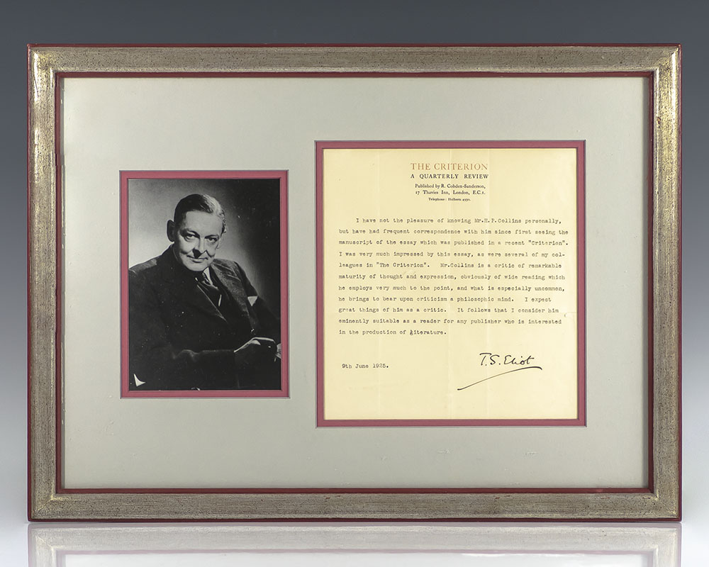T.S. Eliot Typed Letter Signed.