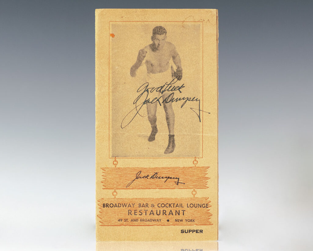 Jack Dempsey Signed Broadway Bar & Cocktail Lounge Menu.