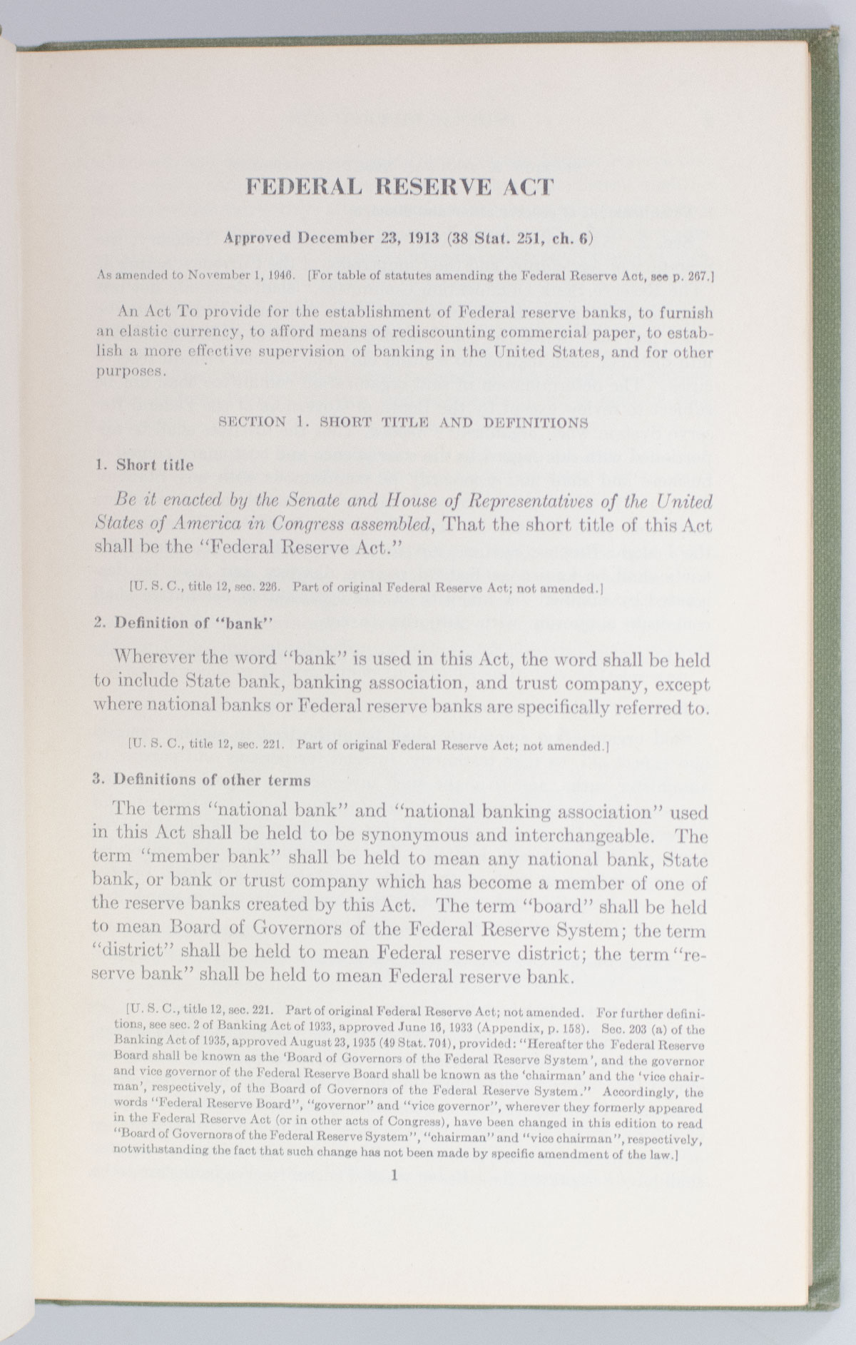 Federal Reserve Act As Amended to November 1, 1946.