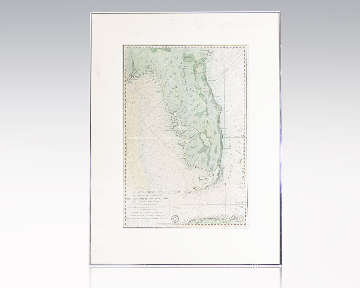 Carte Reduite des Cotes et de l’Interieur de la Presqu’ile de la Floride, avec le Detroit de Cette Presqu’ile et le Canal de Bahama. [18th Century Anotoine de Sartine Map of Florida]