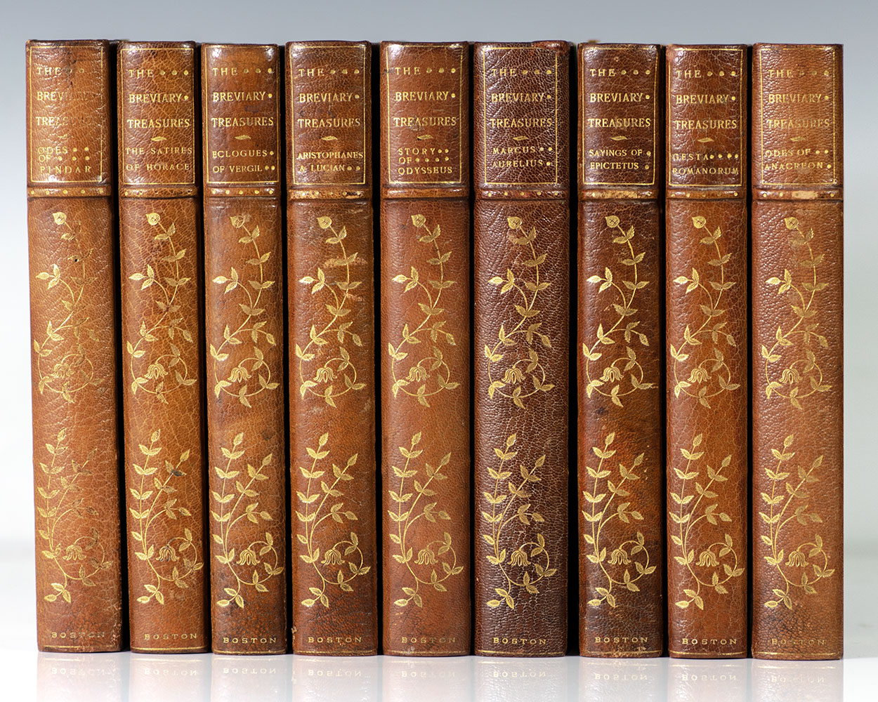 The Breviary Treasures: Wisdom of the Emperor Marcus Aurelius; Sayings of Epictetus; Selections from Aristophanes and Lucian; The Story of Odysseus in the Land of the Phaeacians; The Satires of Horace; The Eclogues of Vergil; Selections from the Gesta Romanorum; Odes of Anacreon Anacreontics; The Olympic and Pythian Odes of Pindar.