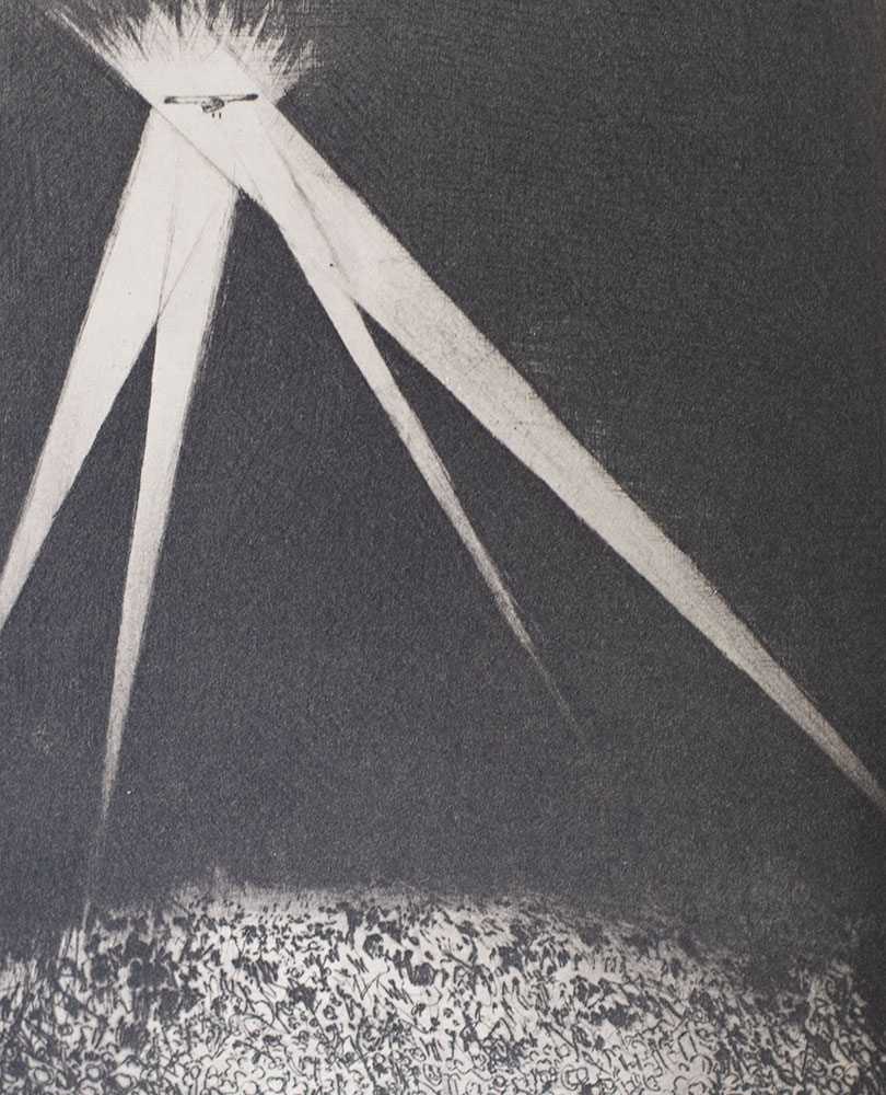 Black and white artwork of a spotlighted airship