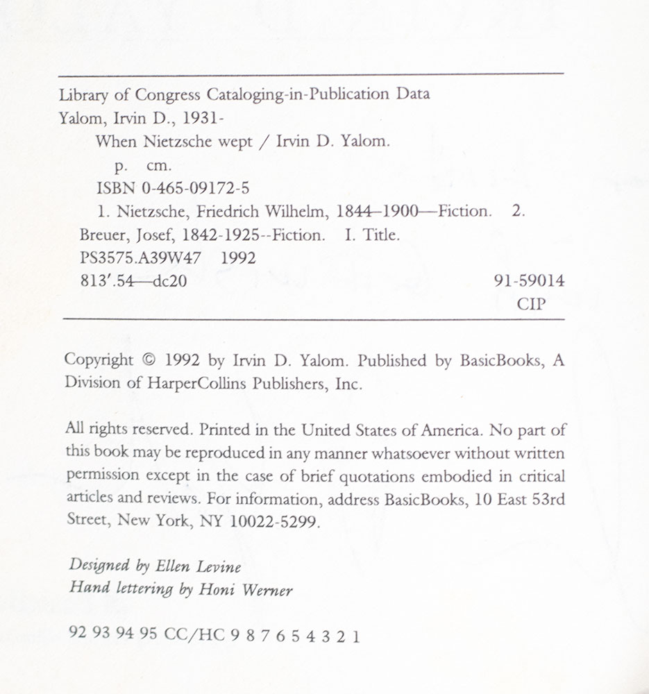 When Nietzsche Wept: A Novel of Obsession.