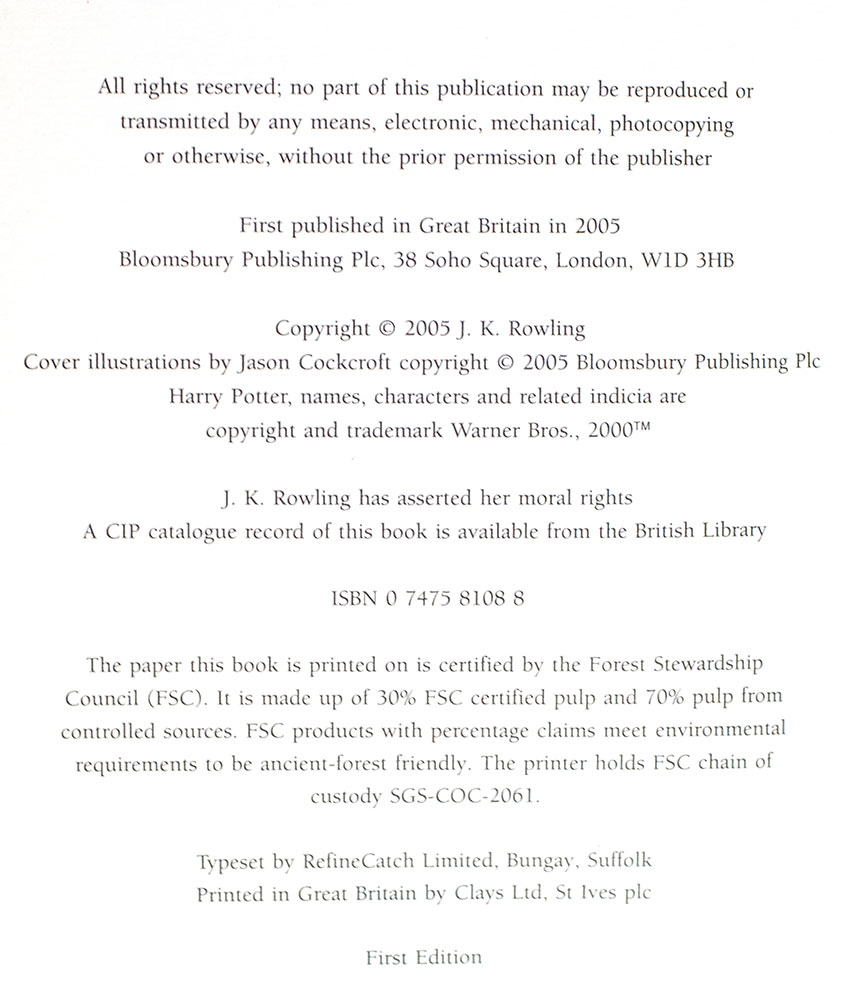 Harry Potter Series. Harry Potter and the Philosopher's Stone, Chamber of Secrets, Prisoner of Azkaban, Goblet of Fire, Order of the Phoenix, The Half-Blood Prince, and The Deathly Hallows.