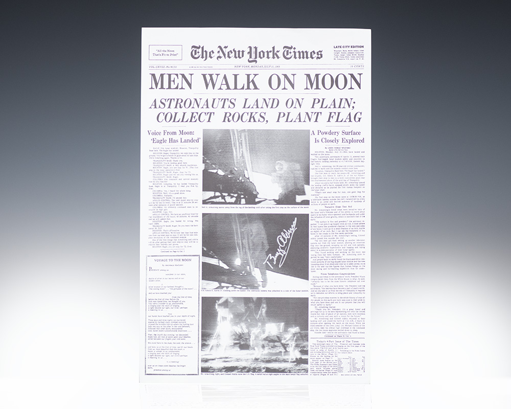 Buzz Aldrin Signed July 21, 1969 New York Times Front Page Print.