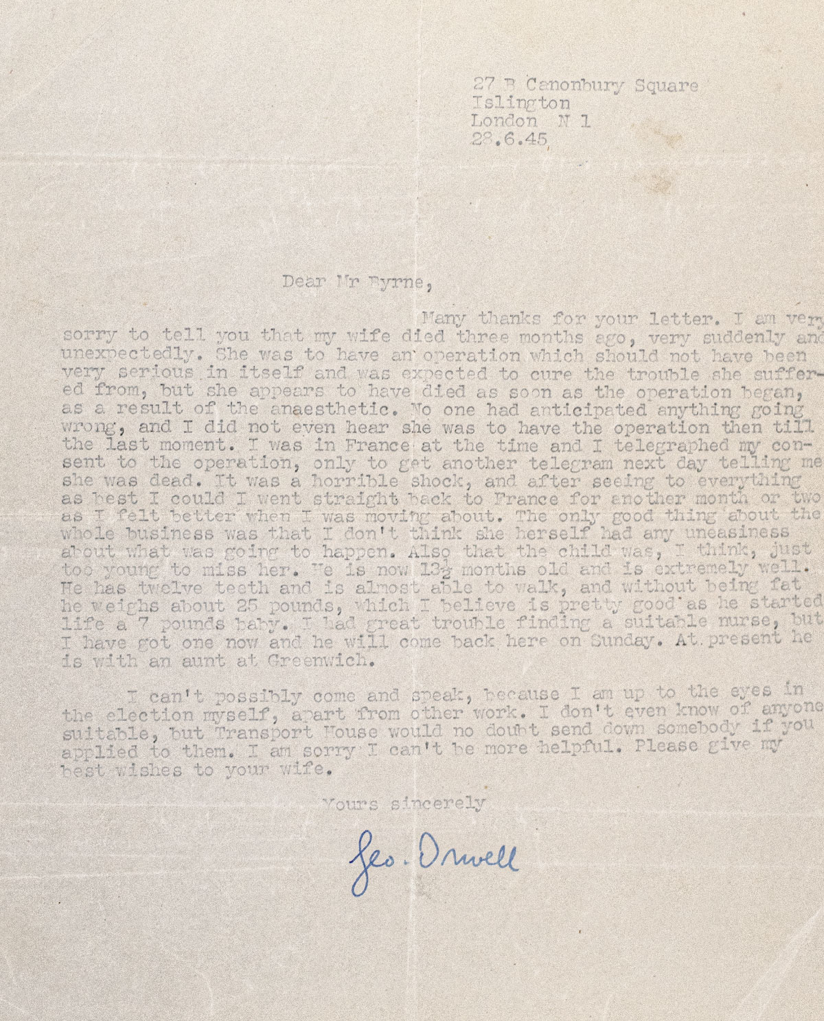 George Orwell Typed Letter Signed.