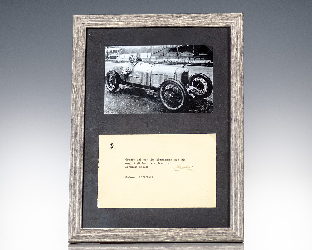 Enzo Ferrari Typed Note Signed.