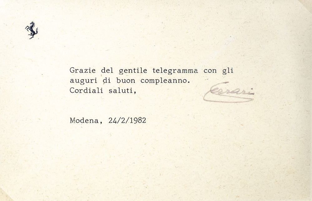 Enzo Ferrari Typed Note Signed.