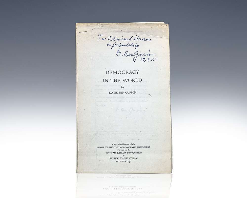David Ben-Gurion Inscribed Democracy in the World Presentation Copy.