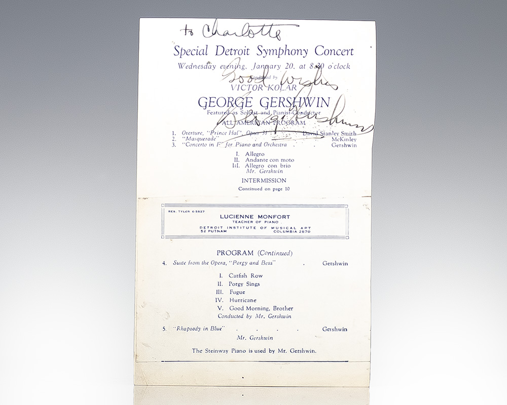 George Gershwin Inscribed Special Detroit Symphony Concert Display Program.